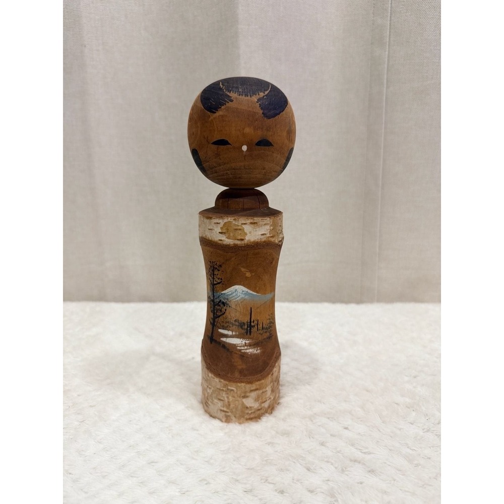 Vintage Hand Painted Japanese Wooden Kokeshi Doll With Birch Tree Bark